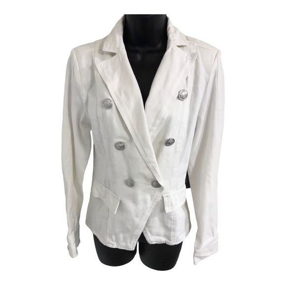 White stretch denim double breasted military style jean‎ jacket size medium new - Picture 13 of 16